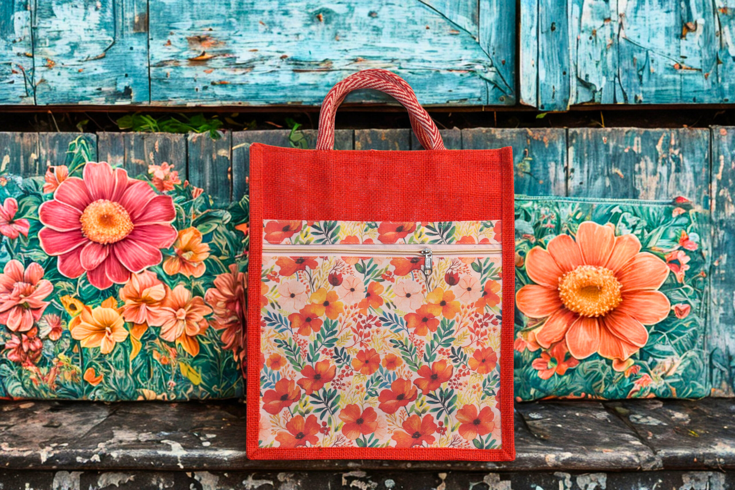 053183d0-8acb-439f-8e89-f4cd3438c466-scaled-1.jpg Red jute tote bag with multicolor floral zip pocket and dual handle design