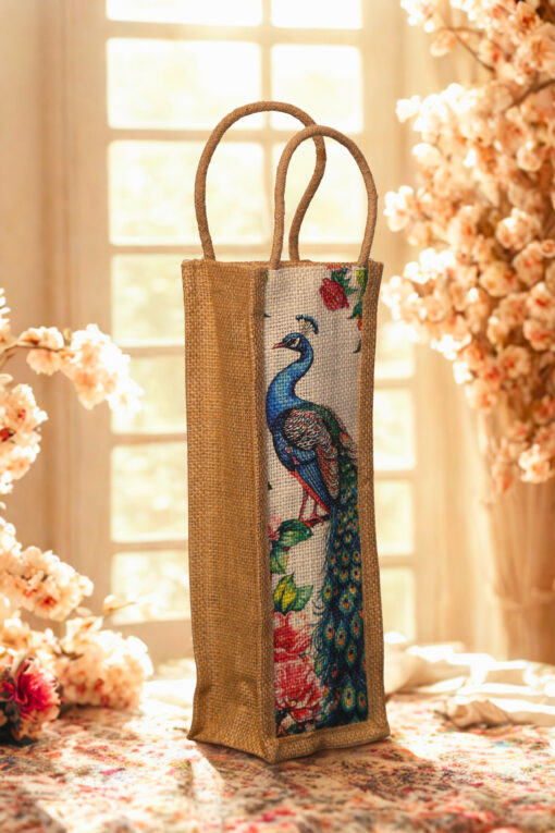 A tall, narrow jute bag with an illustrated peacock and floral design on the front.
