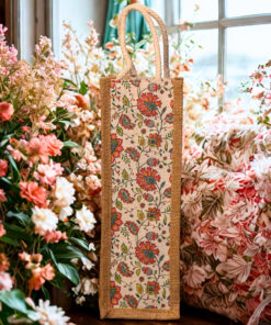 Eco-friendly jute bottle bag with floral cotton panel