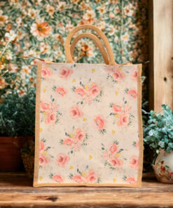 A medium cream-colored jute bag featuring pink rose floral print and natural jute handles.
