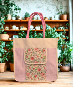 A beige and pink canvas tote bag with pink floral print detailing