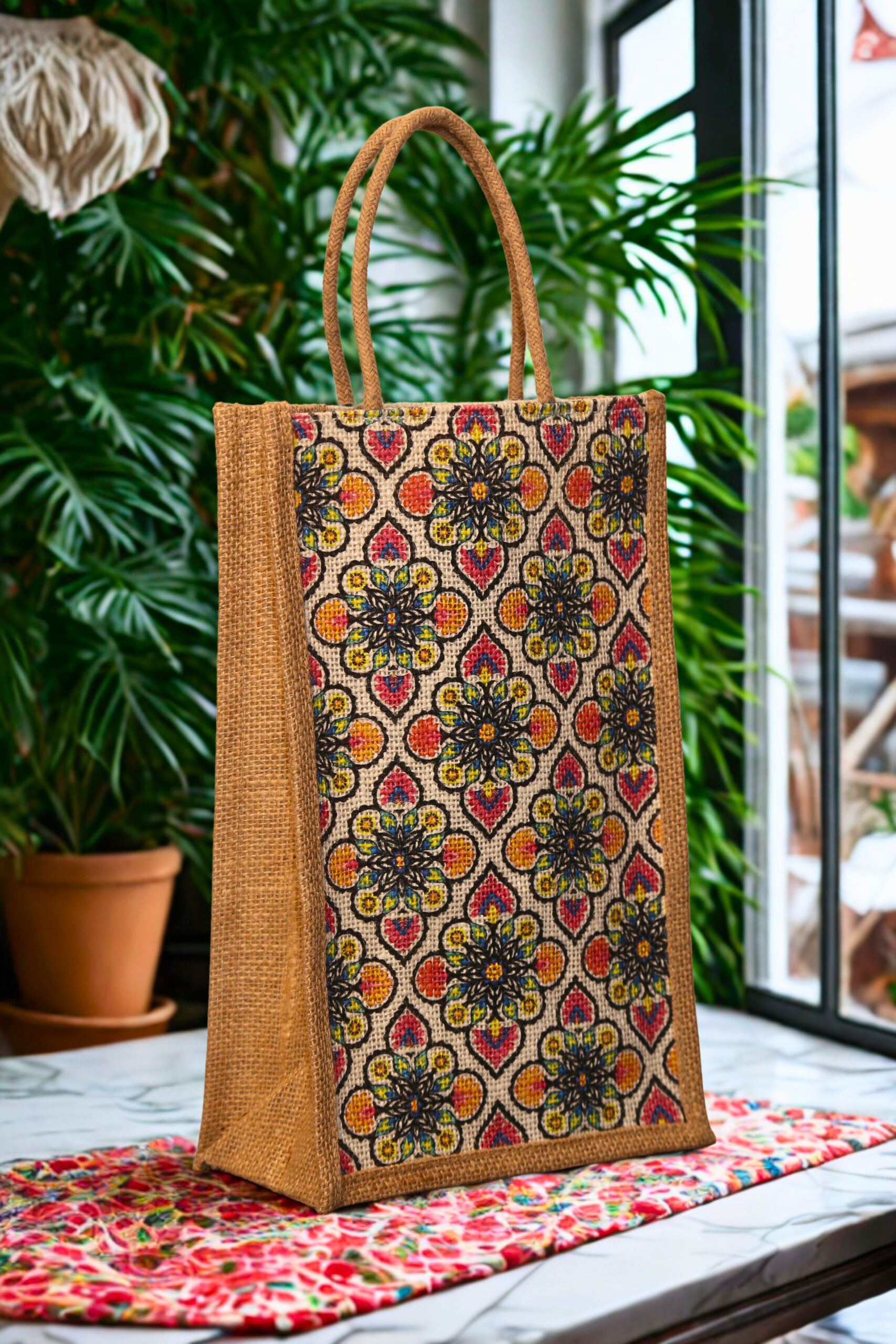 257a64f9-8f97-4fbc-a4cd-407ec40ae2b2 A medium-sized rectangular jute bag with a colorful, repeating geometric and floral-inspired pattern.