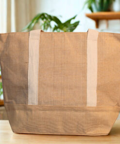 Natural jute tote bag with herringbone pattern