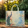 A canvas tote bag with a vibrant peacock and floral design