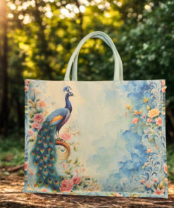 A canvas tote bag with a vibrant peacock and floral design