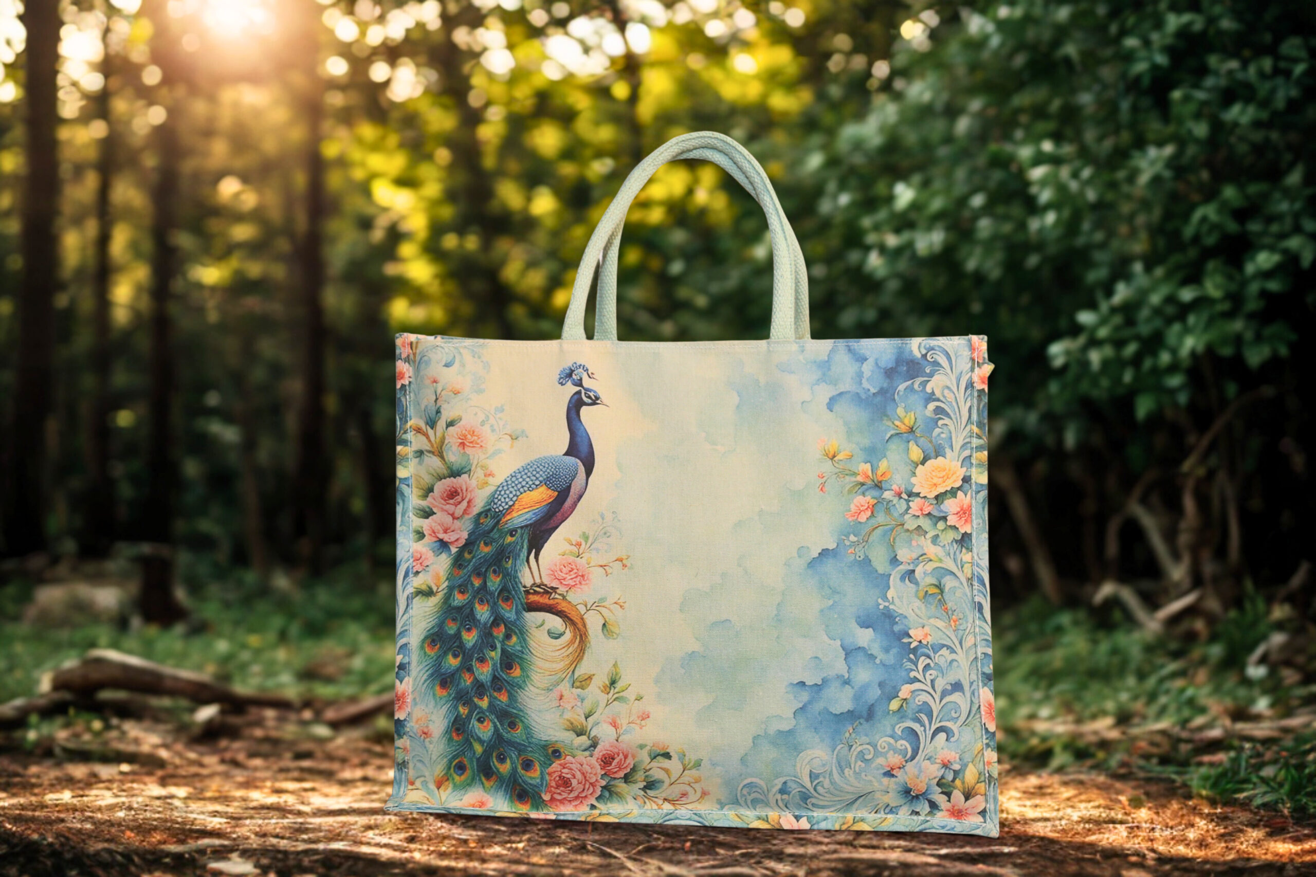 3001c9d5-2a04-422f-a07f-574883c019c8-scaled-1.jpg A canvas tote bag with a vibrant peacock and floral design