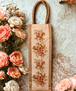 Canvas wine bottle bag with bright yellow and orange sun designs