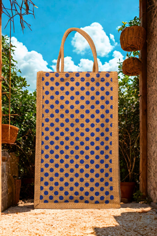 A medium-sized rectangular jute bag with a pattern of evenly spaced blue polka dots on a natural jute background.