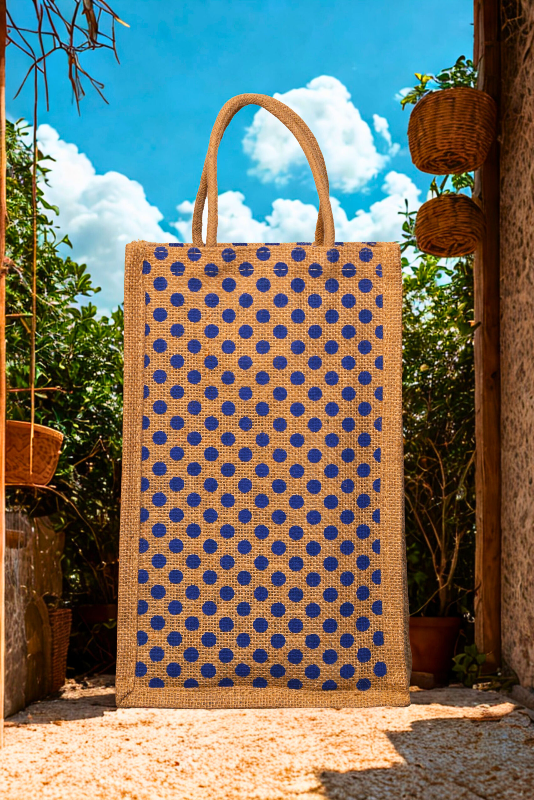 3c4ddd5d-b10a-46c4-91e2-ff9529d2ec54 A medium-sized rectangular jute bag with a pattern of evenly spaced blue polka dots on a natural jute background.
