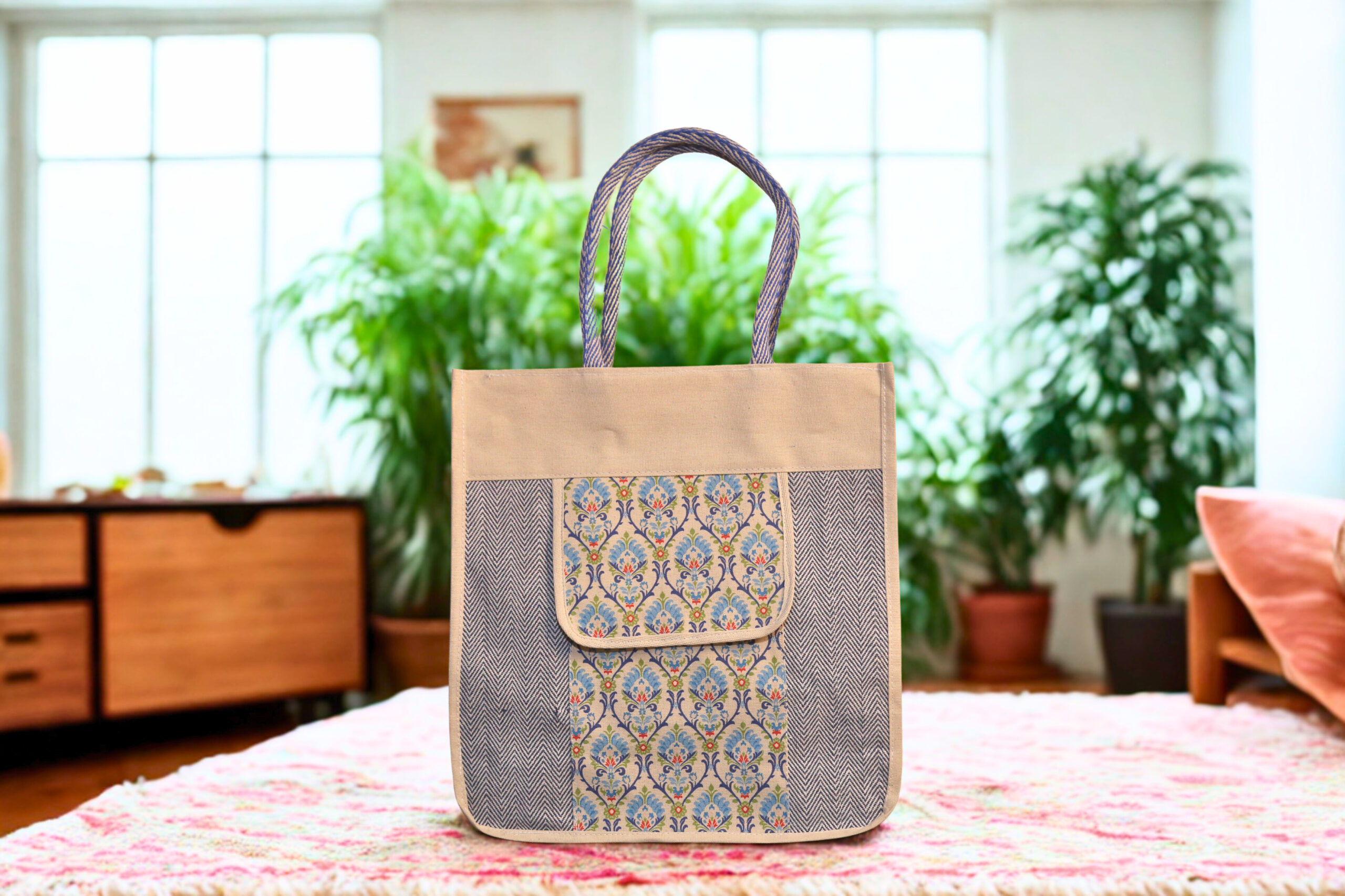 42d89963-ccd8-467f-be04-7b2e904e260e-1-scaled-1.jpg A beige and blue canvas tote bag with a central blue floral print pocket and side herringbone panels