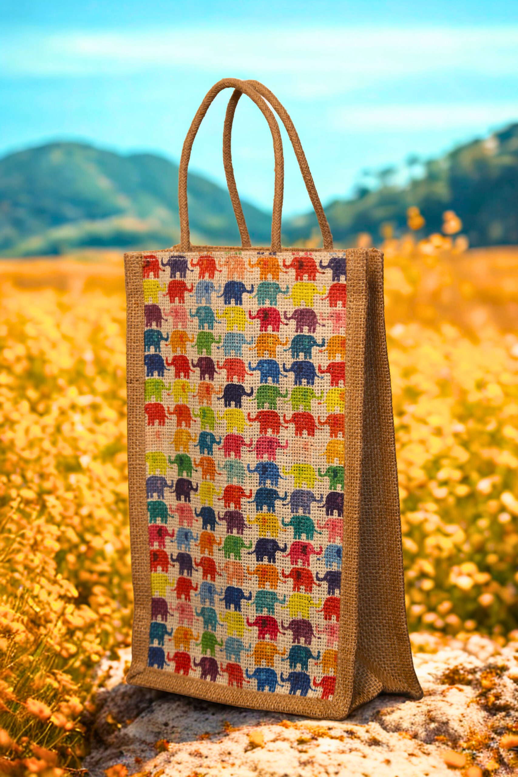 45e0f867-1c47-47cd-acac-21301d9ff106 A medium-sized rectangular jute bag featuring a repeating grid pattern of small, colorful elephants.