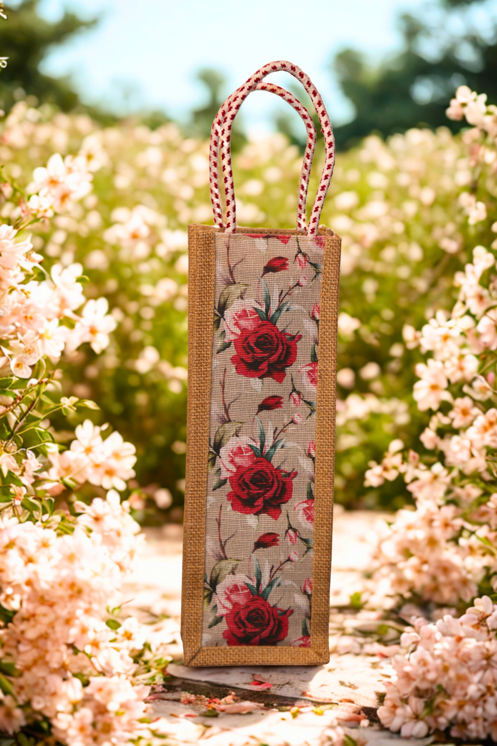5a7a0702-fb5b-4227-a9ee-df8e6bd31c12 Jute bottle bag with floral print fabric panel and red-and-white rope handles.