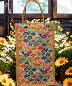 A medium-sized rectangular jute bag featuring a vibrant and colorful repeating pattern of overlapping semi-circles resembling fish scales or waves.