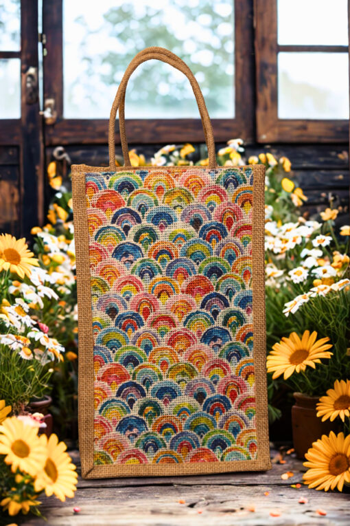 A medium-sized rectangular jute bag featuring a vibrant and colorful repeating pattern of overlapping semi-circles resembling fish scales or waves.