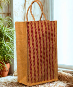 A medium-sized rectangular jute bag with a woven pattern of alternating natural jute and red vertical stripes.