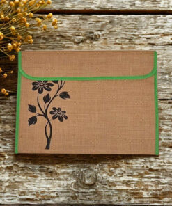 Jute File Pouch with Black Floral Print and Green Border