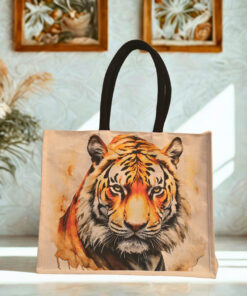 Canvas tote bag featuring a realistic and fierce tiger face illustration