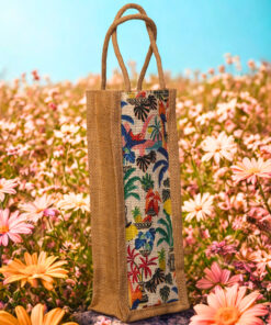 A tall, narrow jute bag with a colorful, whimsical print featuring tropical birds, flowers, and foliage.