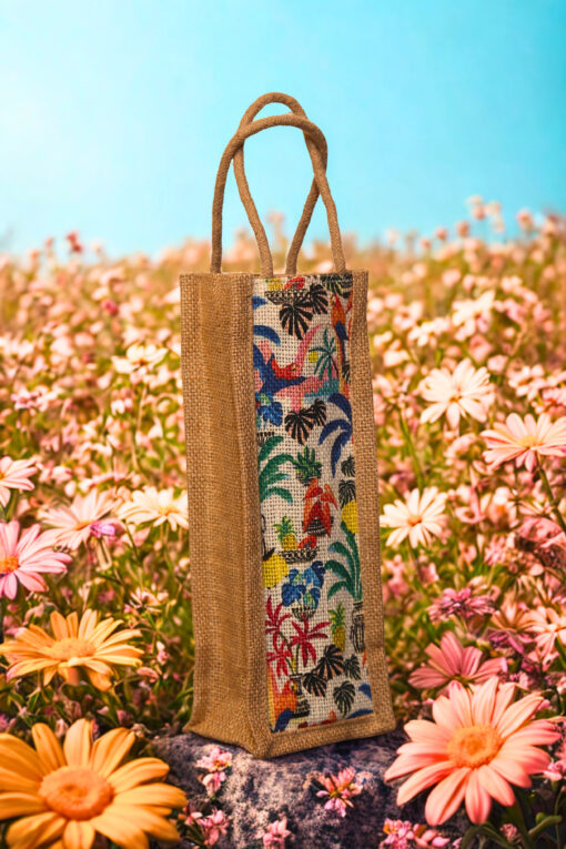 A tall, narrow jute bag with a colorful, whimsical print featuring tropical birds, flowers, and foliage.