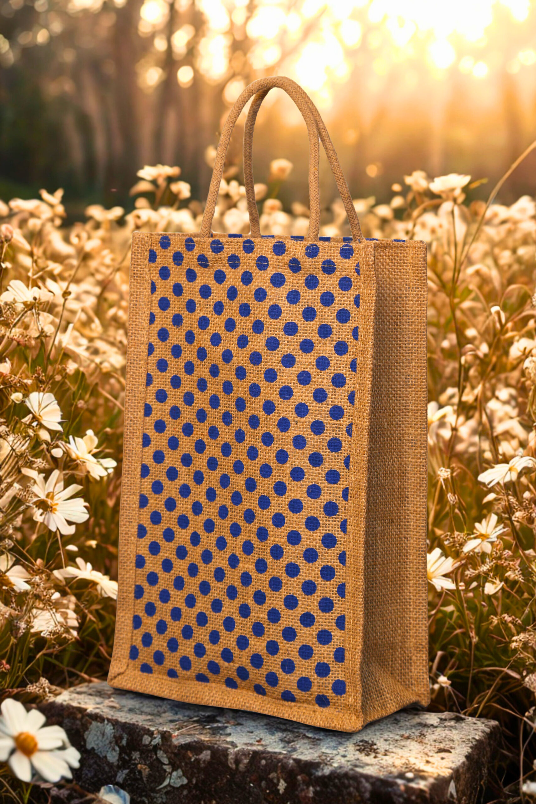 870b233d-acde-4867-9d5c-6f49cab45bd2 A medium-sized rectangular jute bag with a pattern of evenly spaced blue polka dots on a natural jute background.