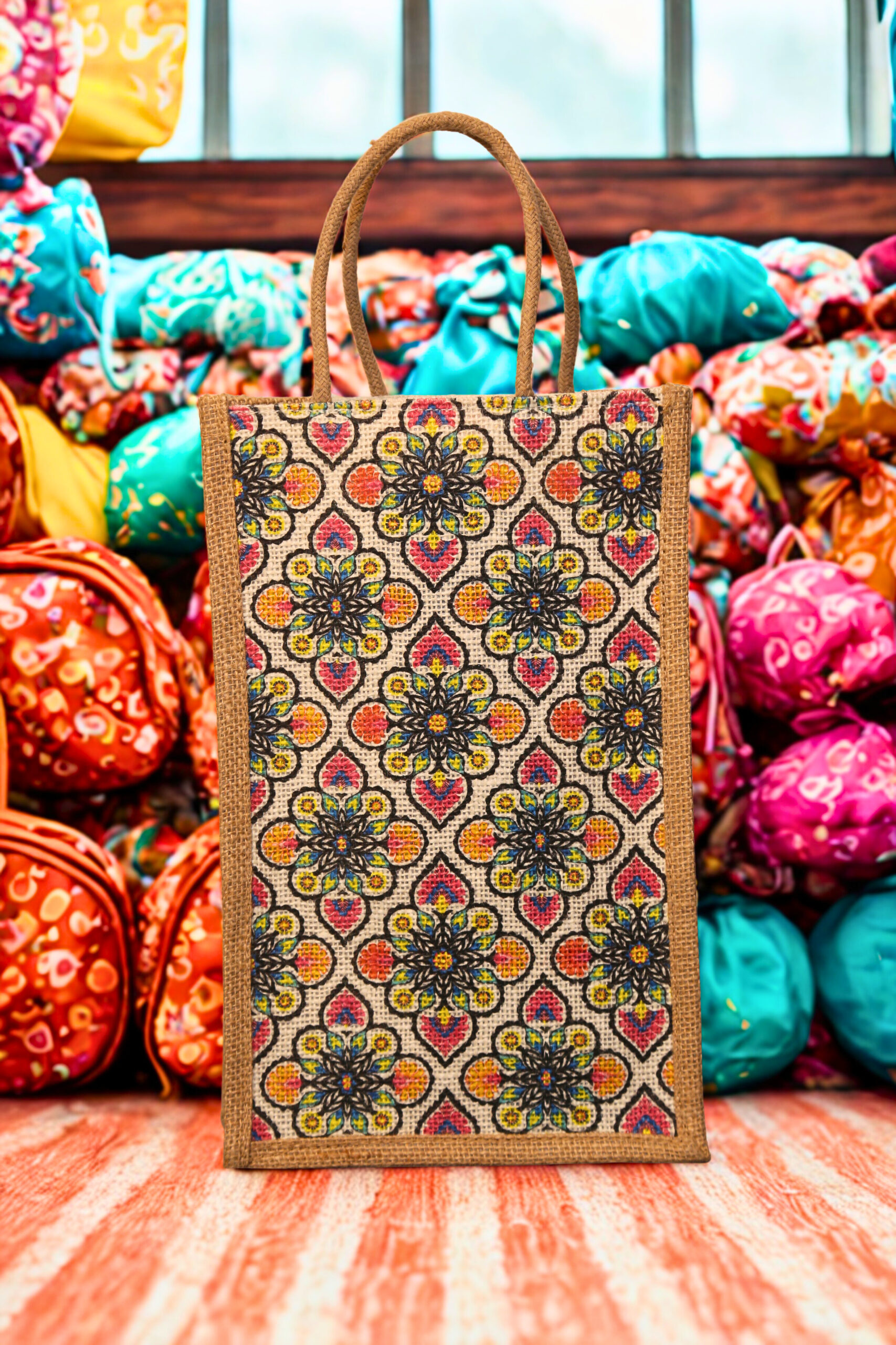 89a507ff-1ac1-4b6f-a669-480909c13853 A medium-sized rectangular jute bag with a colorful, repeating geometric and floral-inspired pattern.