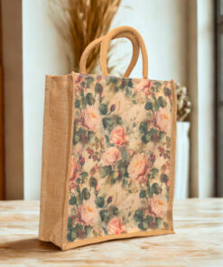A medium-sized jute bag with floral rose print and natural jute handles.