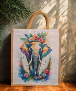 A medium jute bag featuring a colorful watercolor elephant with floral crown and natural jute handles.