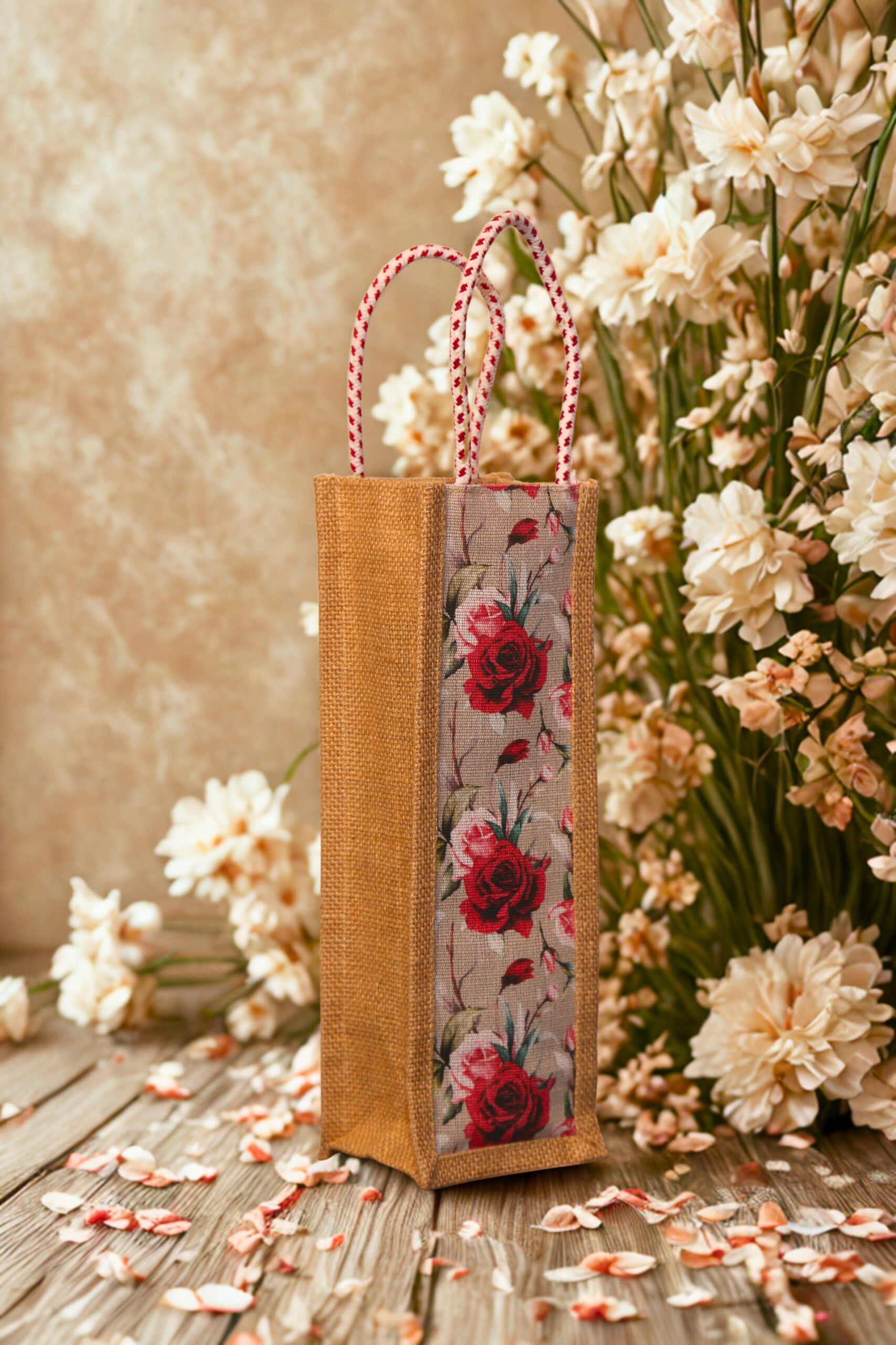 8e1615fd-b1e4-447a-8f4b-83f0d5da0727 Jute bottle bag with floral print fabric panel and red-and-white rope handles.