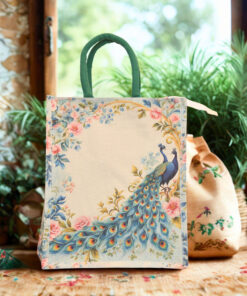 Canvas tote bag with two peacocks surrounded by a floral arch in pastel colors