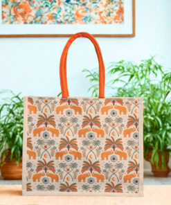 Canvas tote bag with orange elephants and palm tree design