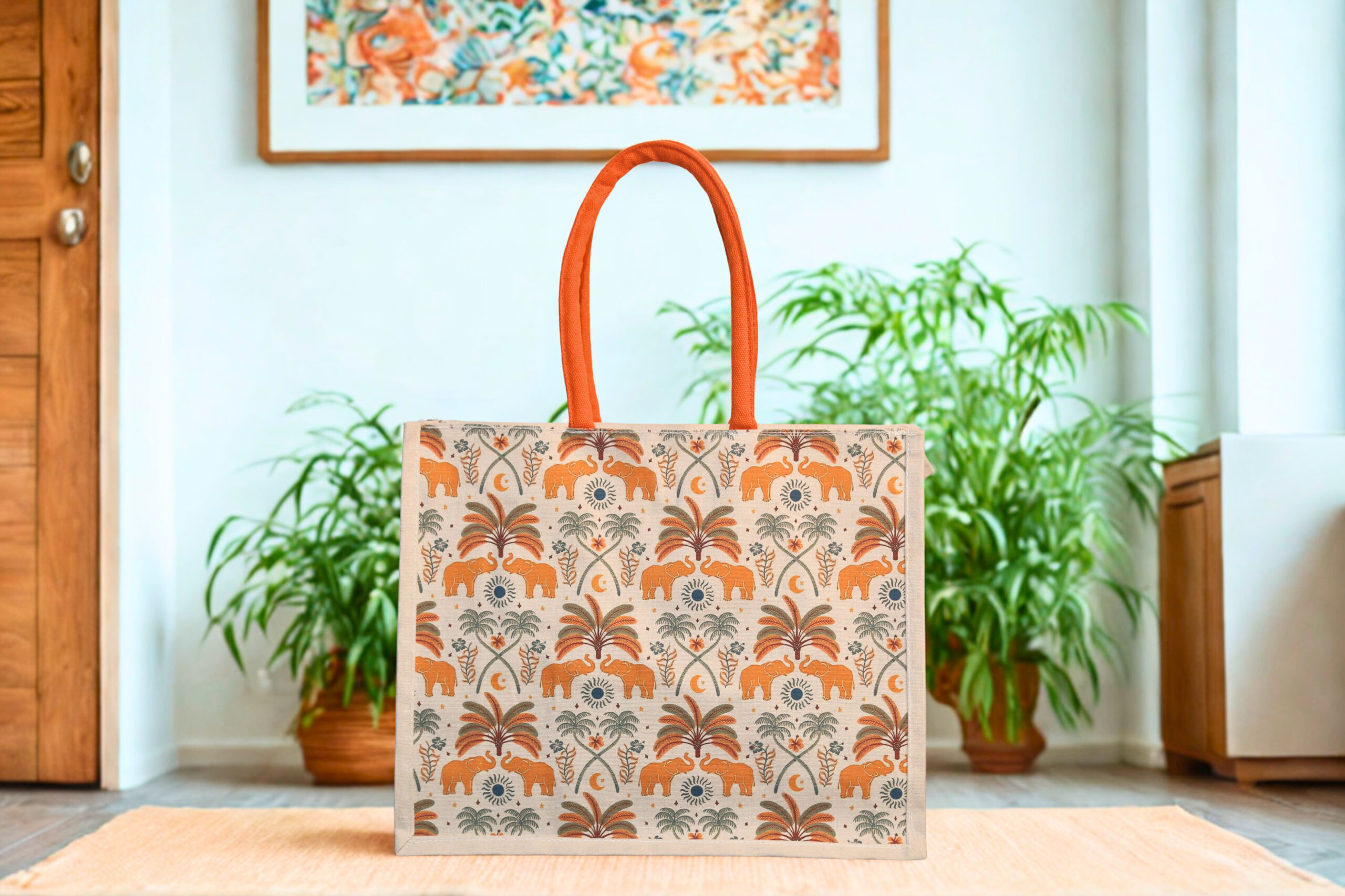 95956717-6d11-4d57-bde5-18960aa04a6a-scaled-1.jpg Canvas tote bag with orange elephants and palm tree design