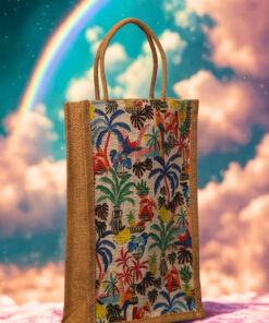 A medium-sized rectangular jute bag featuring a vibrant and detailed tropical print with palm trees, birds, and flowers.