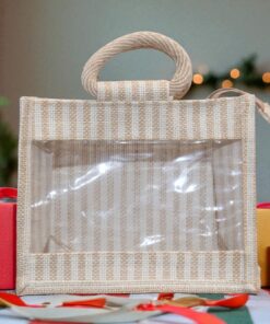 Small striped jute bag with clear plastic front window and woven handles.