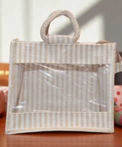 Striped jute bag with transparent front window and round woven handles.