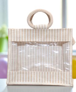 Natural jute gift bag with beige stripes and a transparent front window.