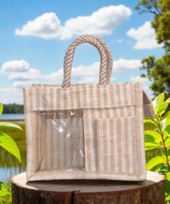 Beige striped jute gift bag with a transparent front window and two compartments