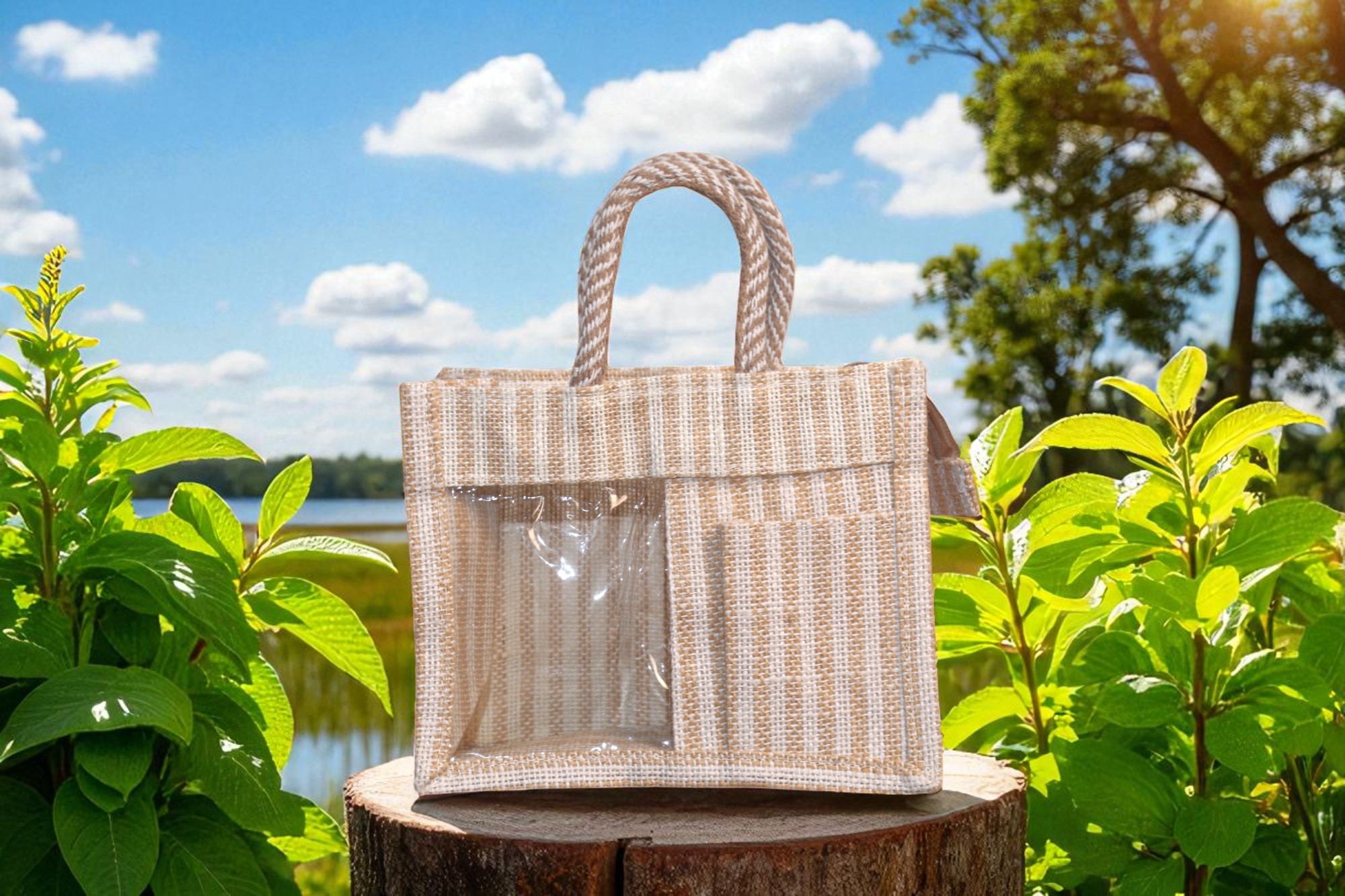 IMG_9458-Photoroom.jpg Beige striped jute gift bag with a transparent front window and two compartments