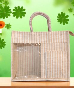 Large beige striped jute bag with transparent front window