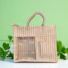 Natural striped jute gift bag with two compartments and a clear PVC window.