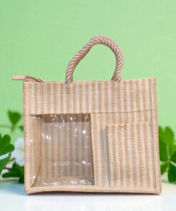 Natural striped jute gift bag with two compartments and a clear PVC window.
