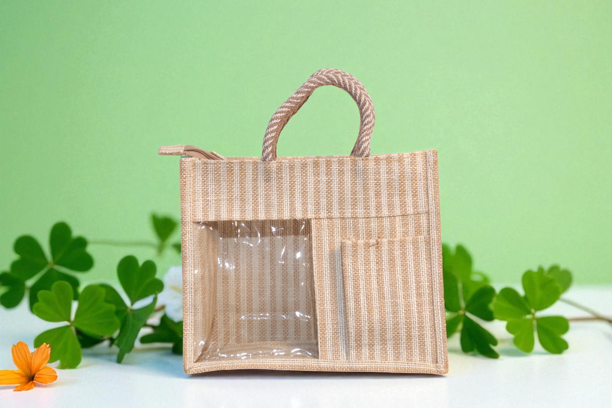 IMG_9466-Photoroom Natural striped jute gift bag with two compartments and a clear PVC window.