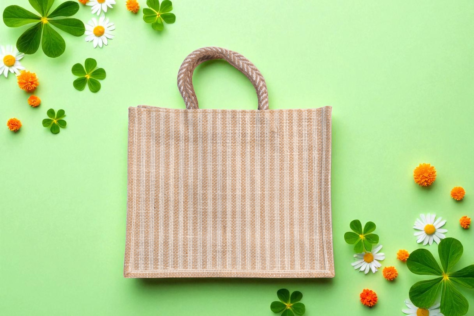 IMG_9467-Photoroom Natural striped jute gift bag with two compartments and a clear PVC window.