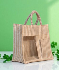 Natural striped jute gift bag with two compartments and a clear PVC window.