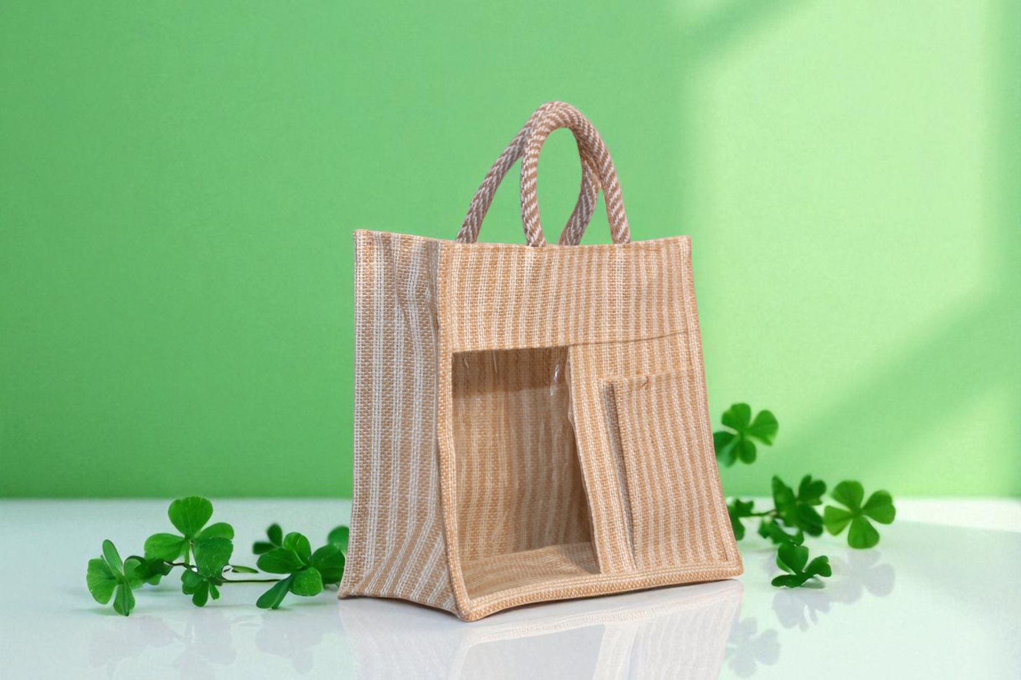 IMG_9468-Photoroom Natural striped jute gift bag with two compartments and a clear PVC window.