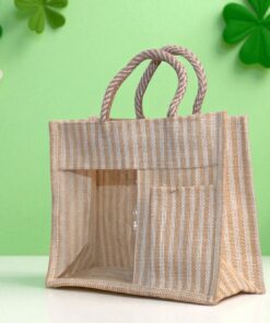 Natural striped jute gift bag with two compartments and a clear PVC window.