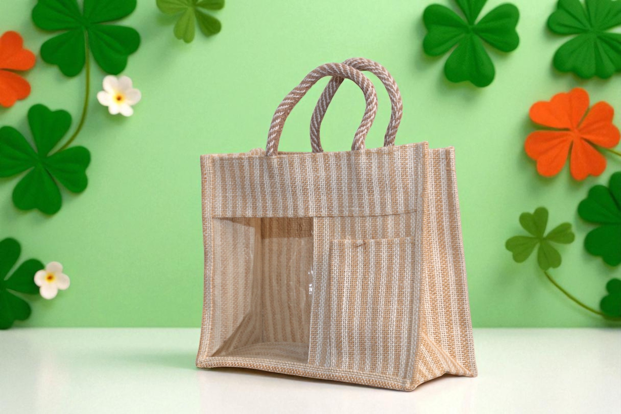 IMG_9469-Photoroom Natural striped jute gift bag with two compartments and a clear PVC window.