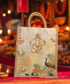 A jute tote bag featuring a printed design of Lord Ganesha
