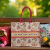 Floral printed tote bag with bold pink handles and "Urban Rivington" branding across a striped band.