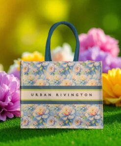 "Floral print canvas shopping bag with 'Urban Rivington' branding and green handles"