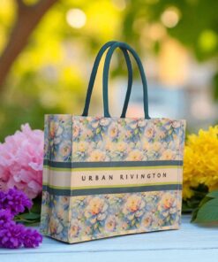 "Floral print canvas shopping bag with 'Urban Rivington' branding and green handles"